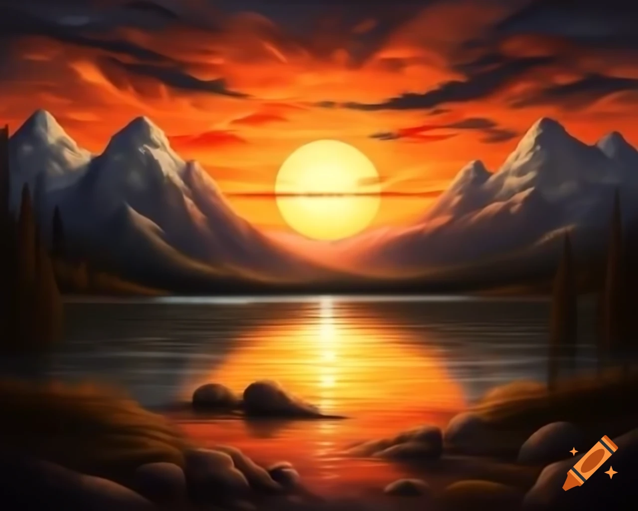 Photorealistic sunset over mountain lake with sunrays and god rays