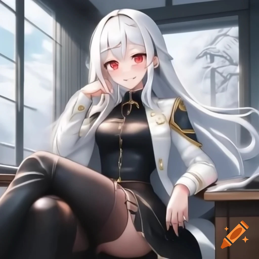 Anime woman with white hair and red eyes in fantasy military attire in general's office