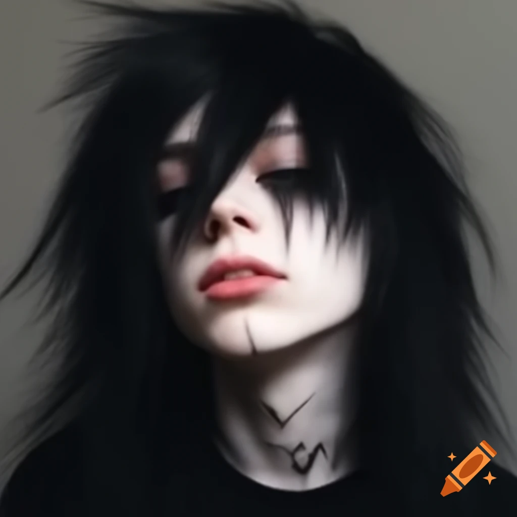 Tall skinny emo boy with long black hair and septum piercing on Craiyon, image size:1024x1024