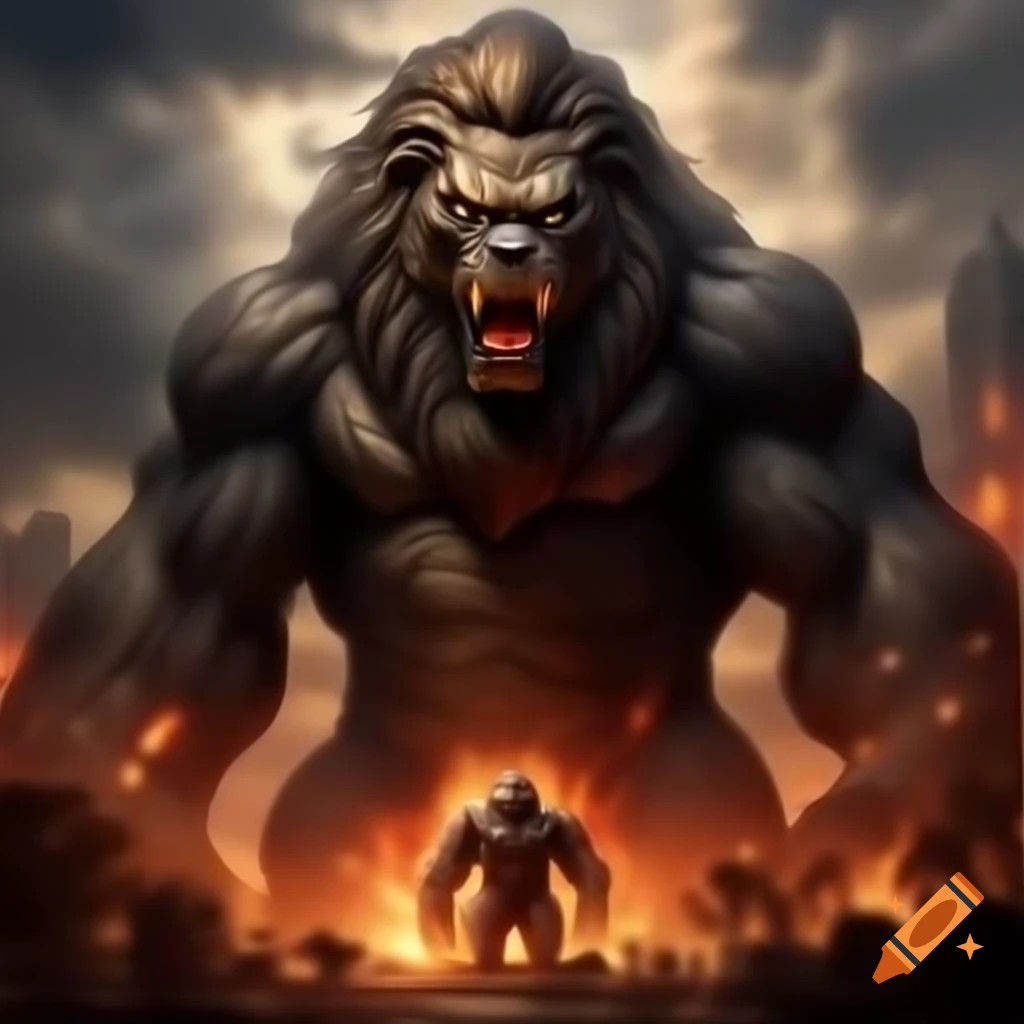 Colossal creature merging fire-breathing lion and King Kong, muscular and towering