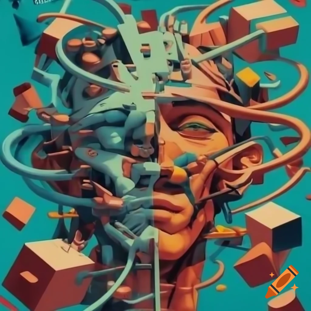 Dynamic fusion of old engraving and neo-expressionist composition with abstract shapes and colors