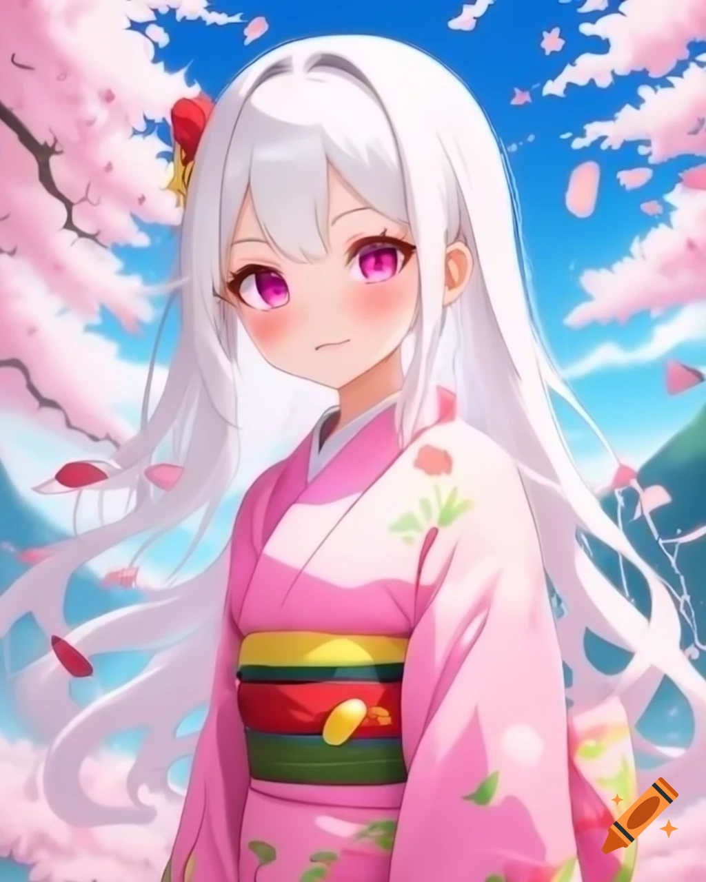 Anime girl with long white hair and pink kimono standing on cliff with sakura trees