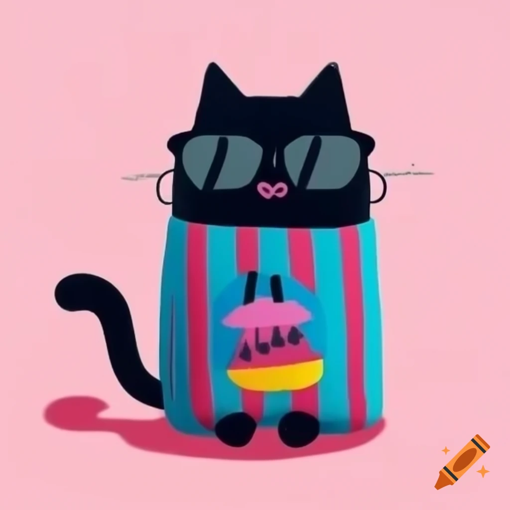 Cartoon art of black cat with pyjama stripes and sunglasses