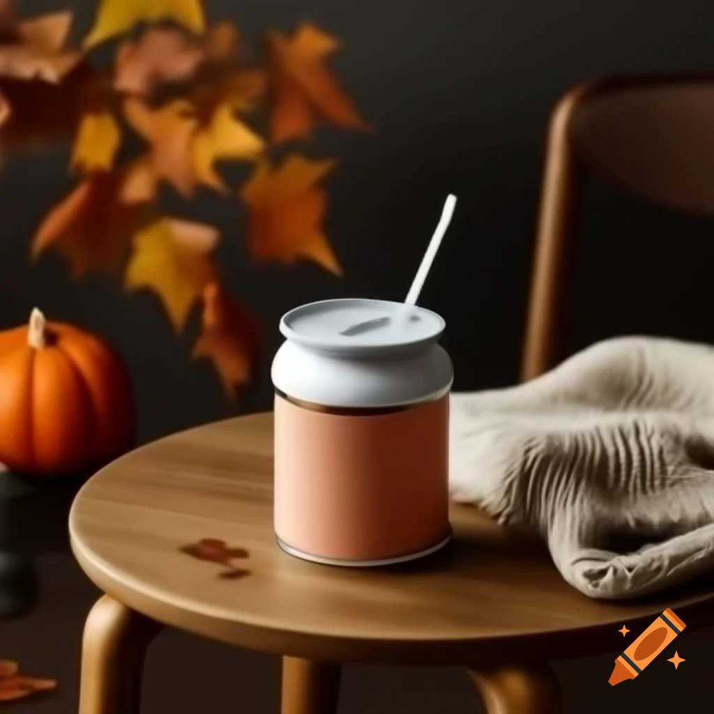 Frosted 16oz libbey glass can mockup with straw on rustic wooden table in autumn setting