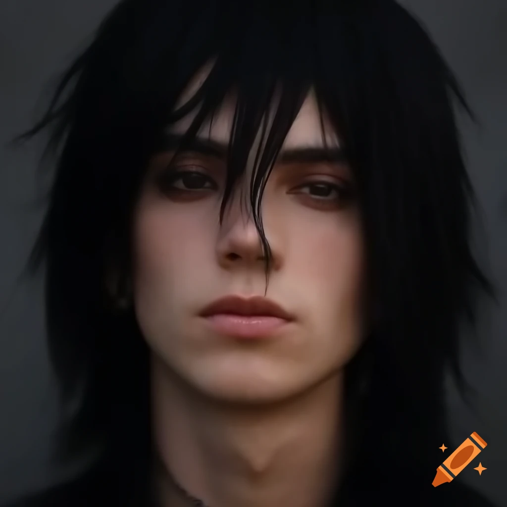 Portrait of a tall young man with black hair and silver nose ring, exuding grunge allure