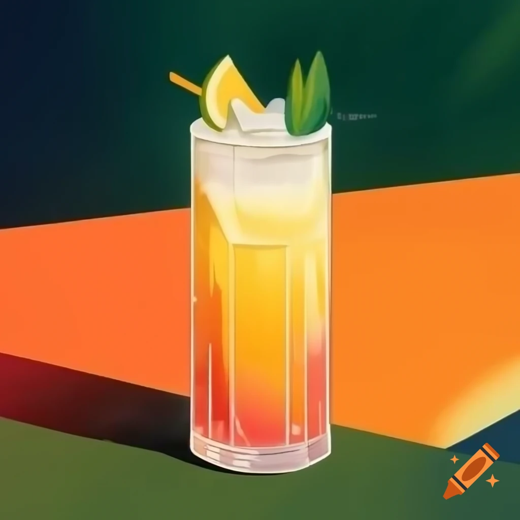 Hand-drawn illustration of a tropical cocktail in a clear glass