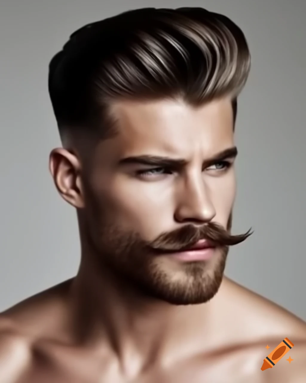 Muscular man with slicked back dark blonde hair and trimmed anchor mustache