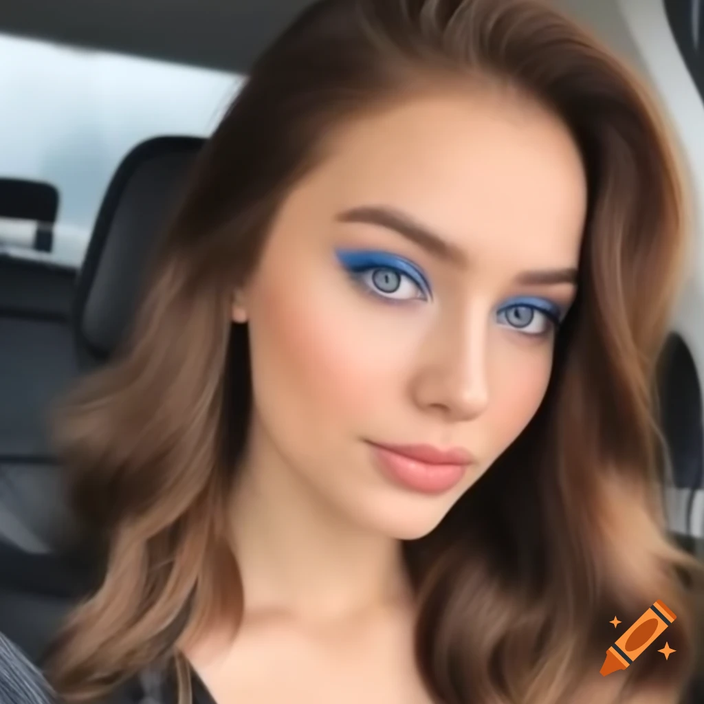 Smiling Russian girl with brown hair and blue eyes in front of fuel station
