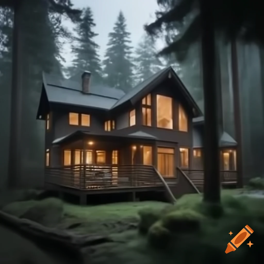 Two-story house nestled in a forest
