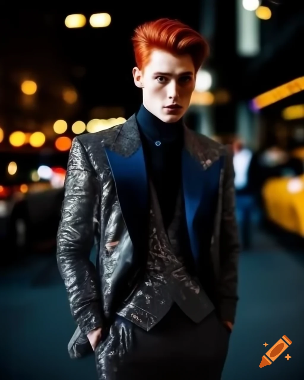 Stylish Caucasian man with red hair in formal suit in busy night city street