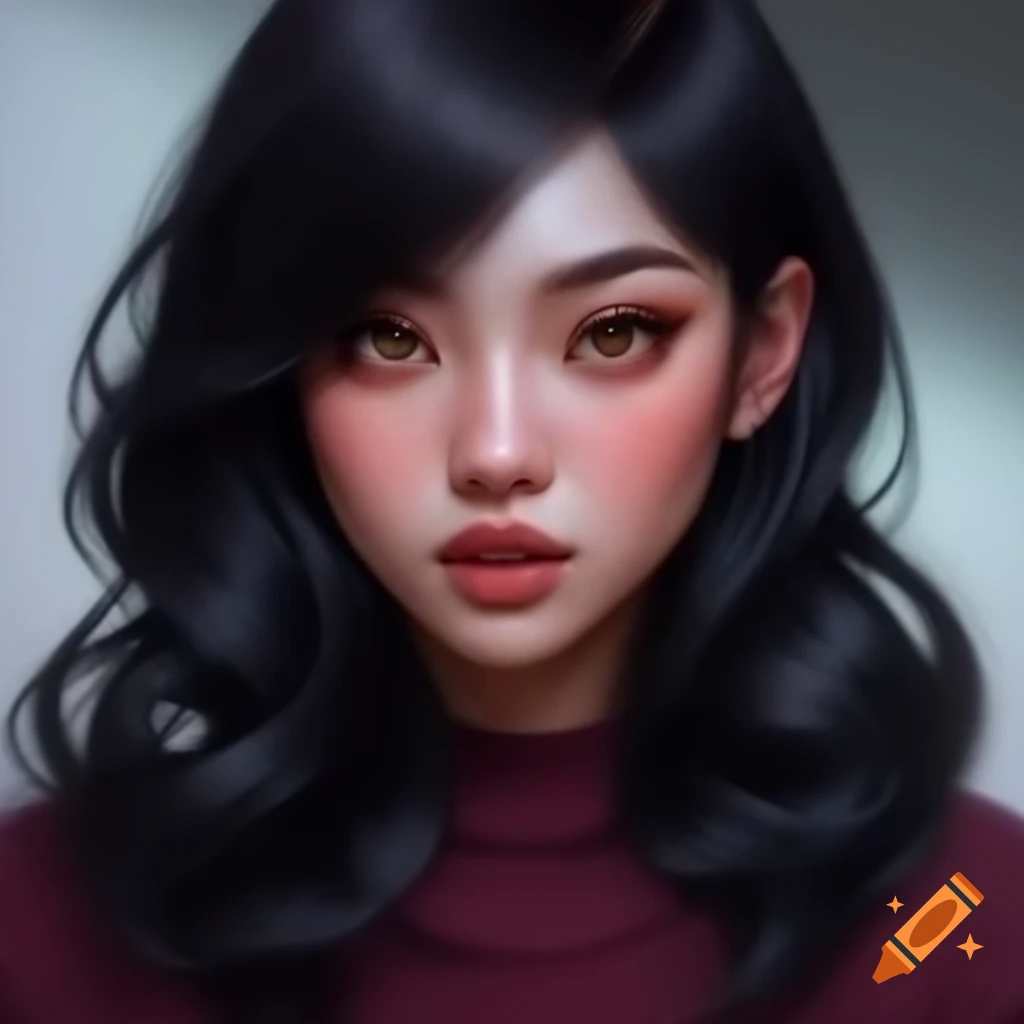 Southeast Asian woman with long black hair and plump lips in deep maroon