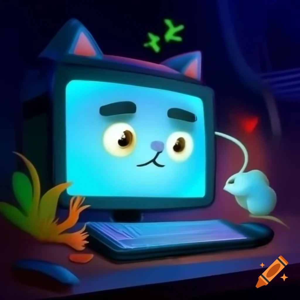 Computer with cat ears engaging with a mouse toy