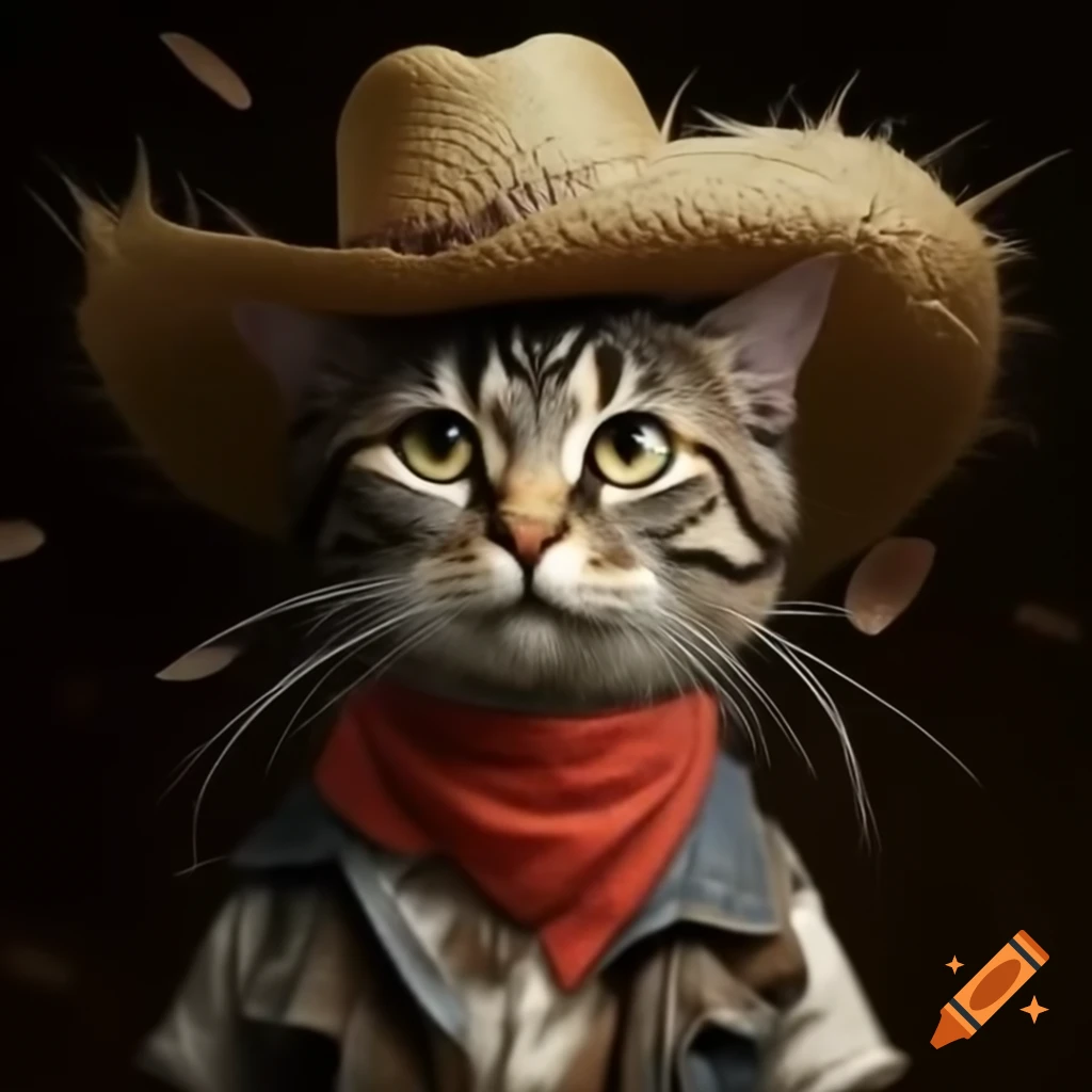Catfolk child wearing broken straw cowboy hat and eyepatch