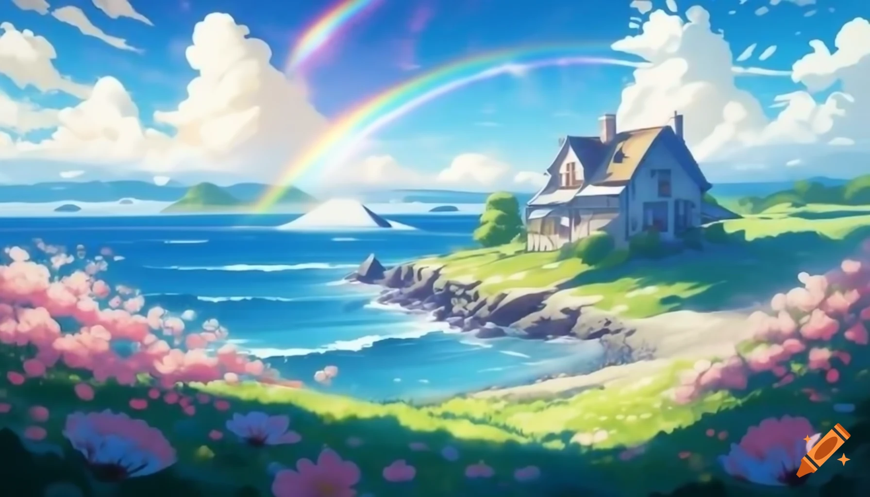 Quaint farmhouse surrounded by colorful flowers and rainbow