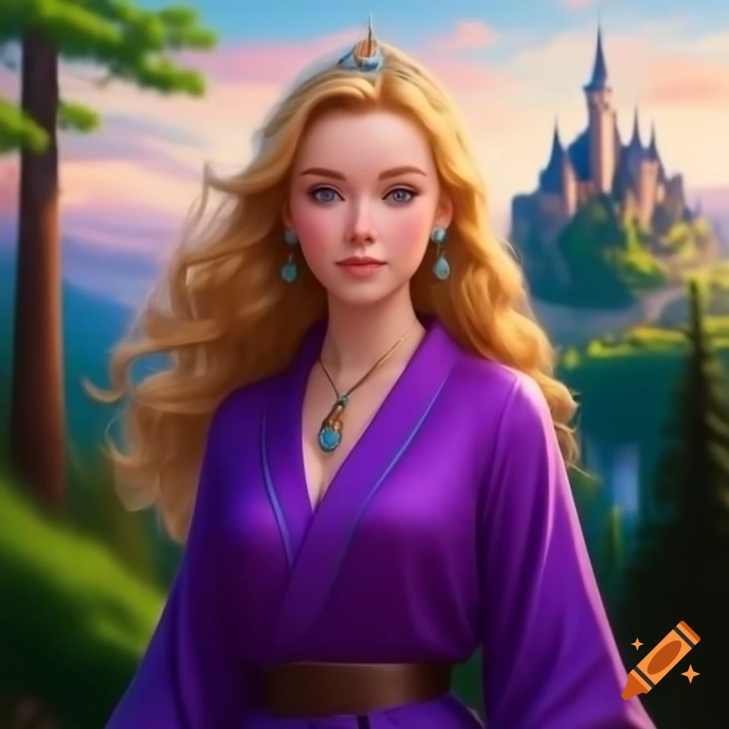 Young princess in purple robe with long wavy blond hair near castle and forest in springtime