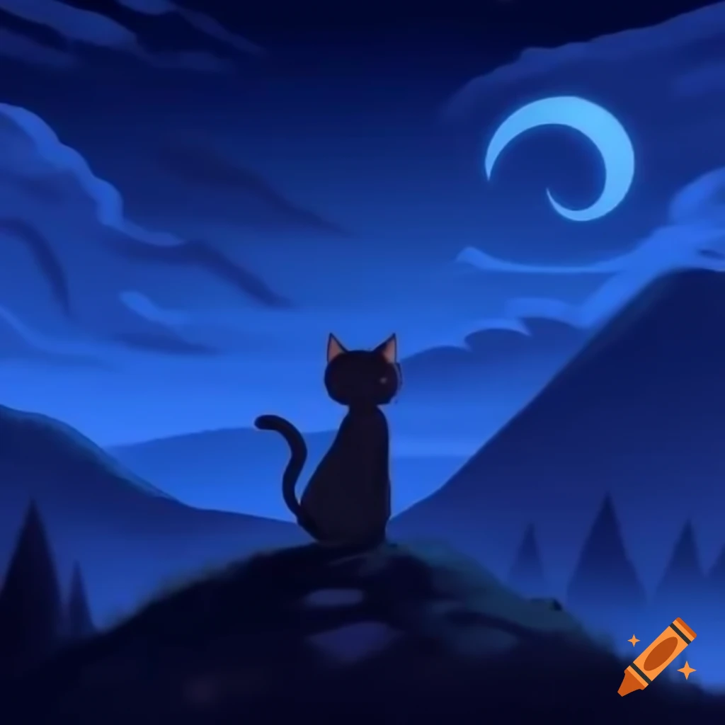Cat on mountain observing night sky