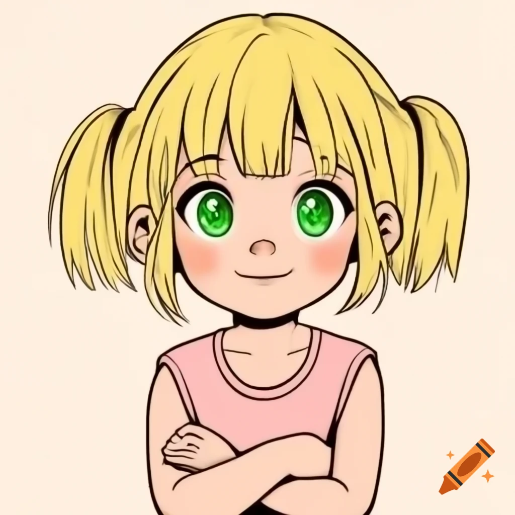 Anime girl with blonde hair and green eyes wearing light pink shirt, arms crossed