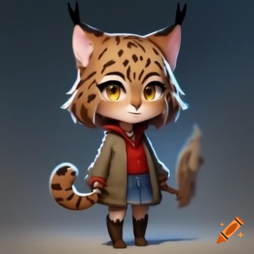 Anime chibi style artwork of a human girl and wild bobcat