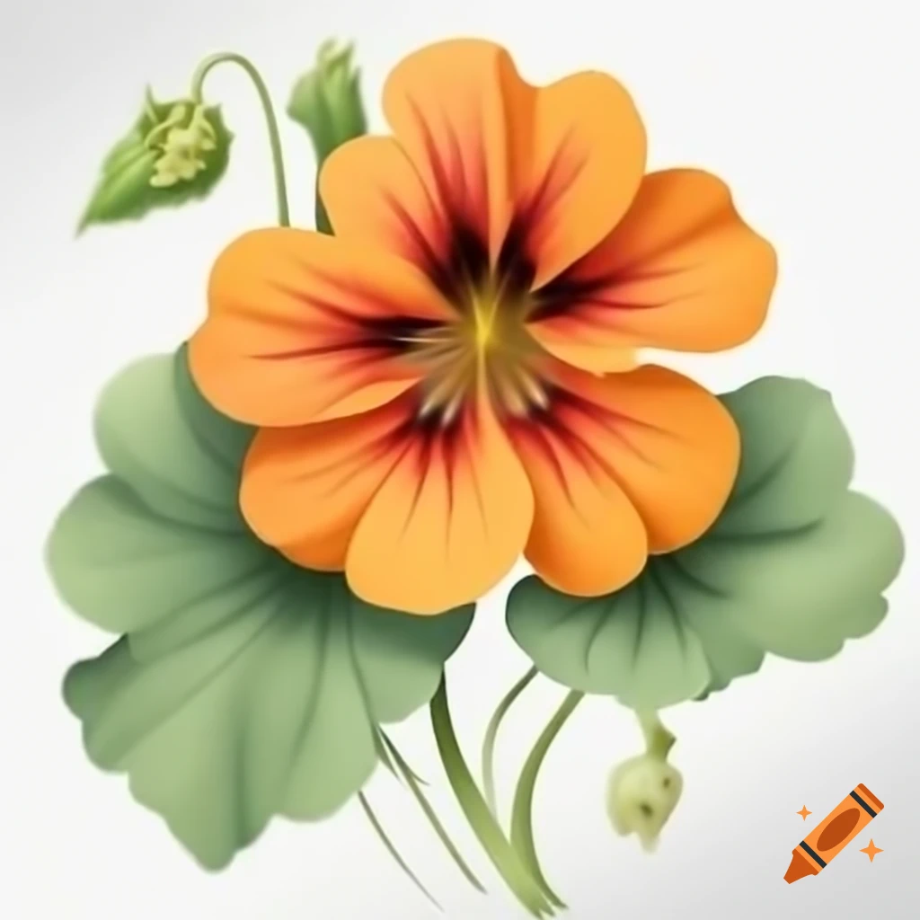 Colored sketch of nasturtium flower with leaves