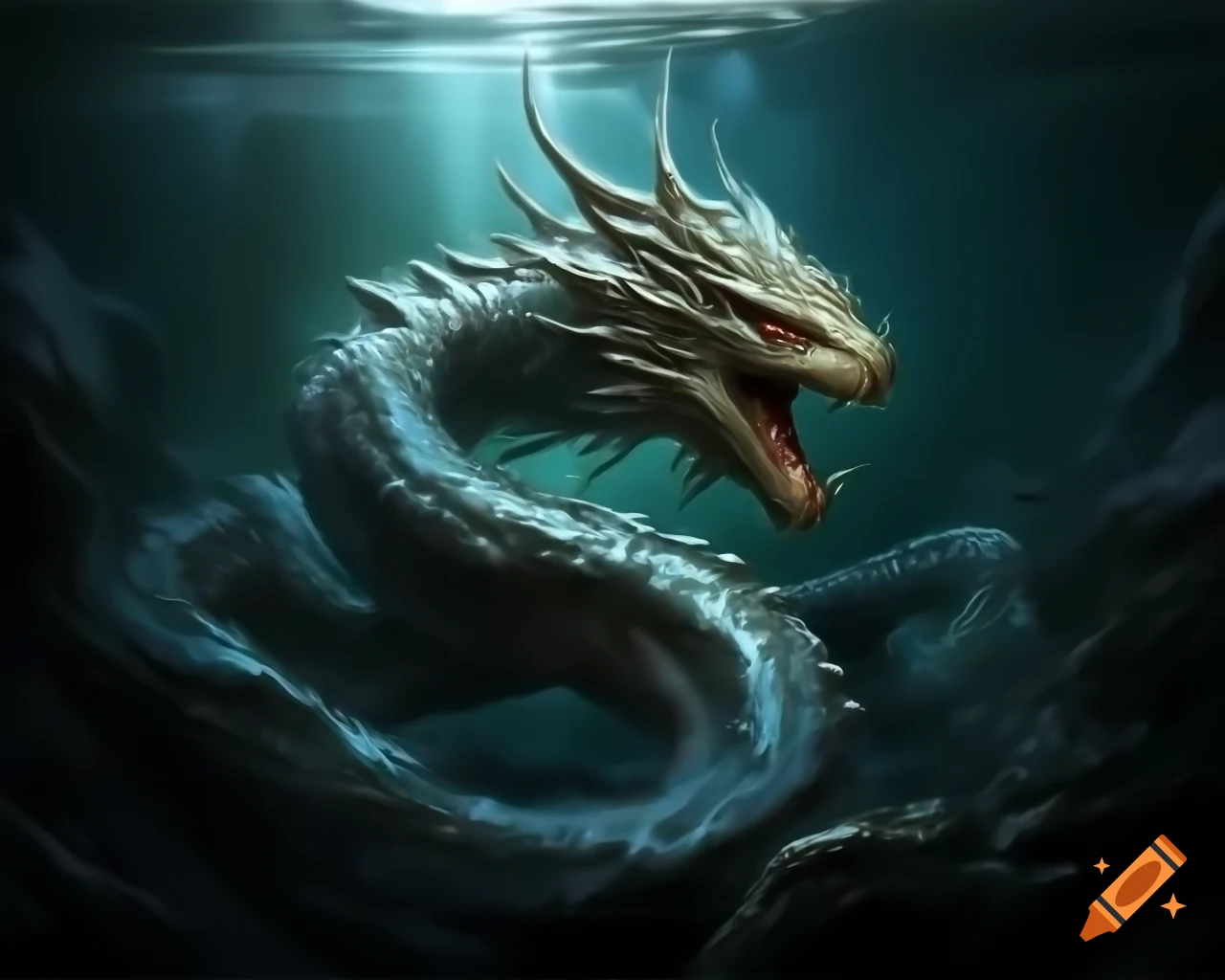 Serpentine creature with shimmering scales emerging from water at dusk