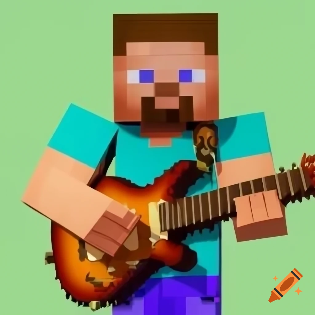Minecraft character Steve playing a v-style guitar