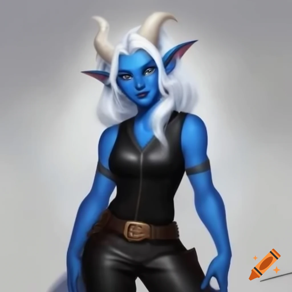 Fullbody depiction of a female Tiefling sorceress with blue skin and white hair