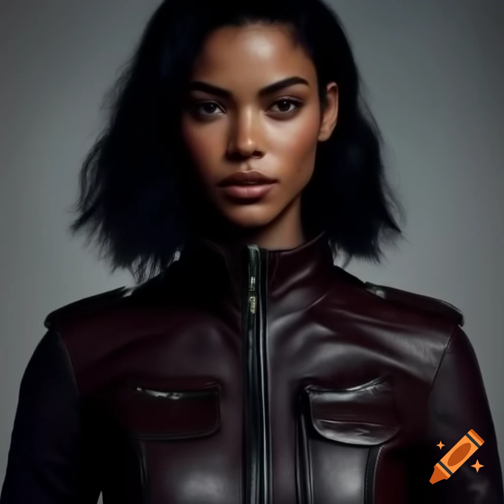 Woman wearing zipped leather jacket with high collar