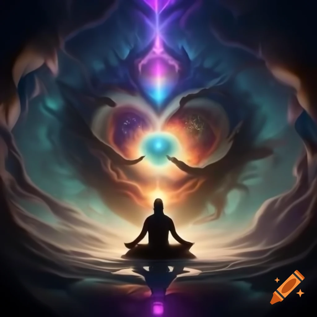 Mystical shaman meditating in vibrant fractal world with swirling colors