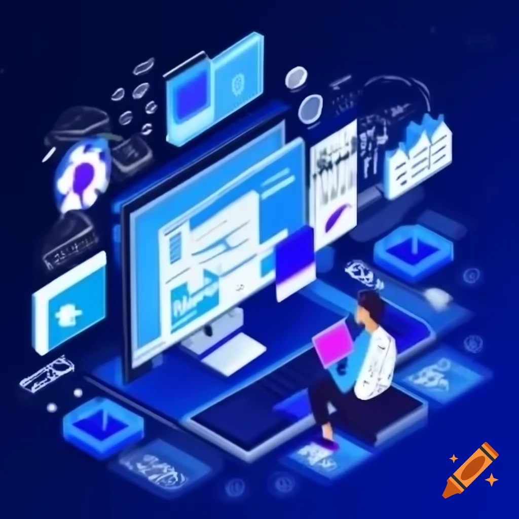 Modern minimalistic depiction of frontend development in 2024 with developer at computer