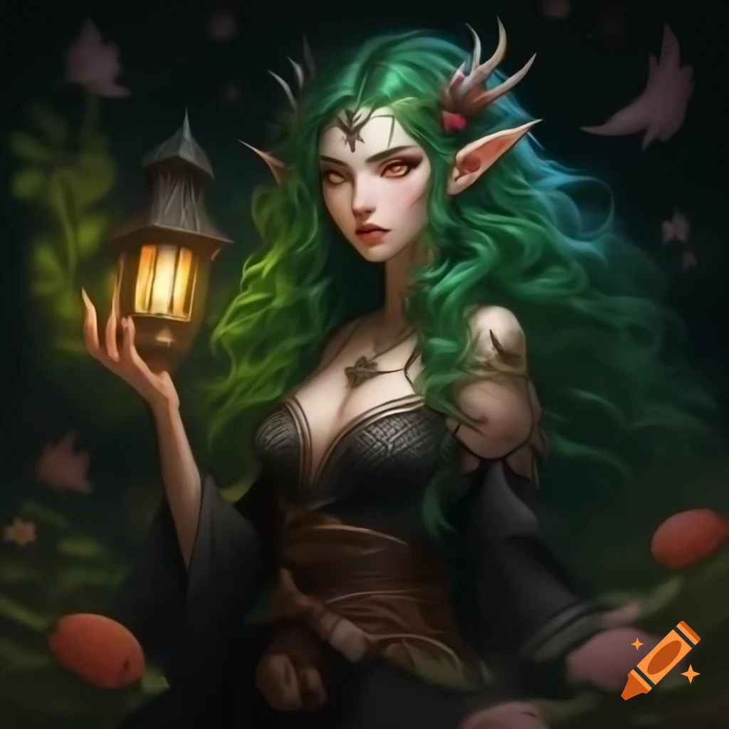 Detailed portrait of a druid girl with dark green hair in a black gown, walking through a dark forest holding a lantern
