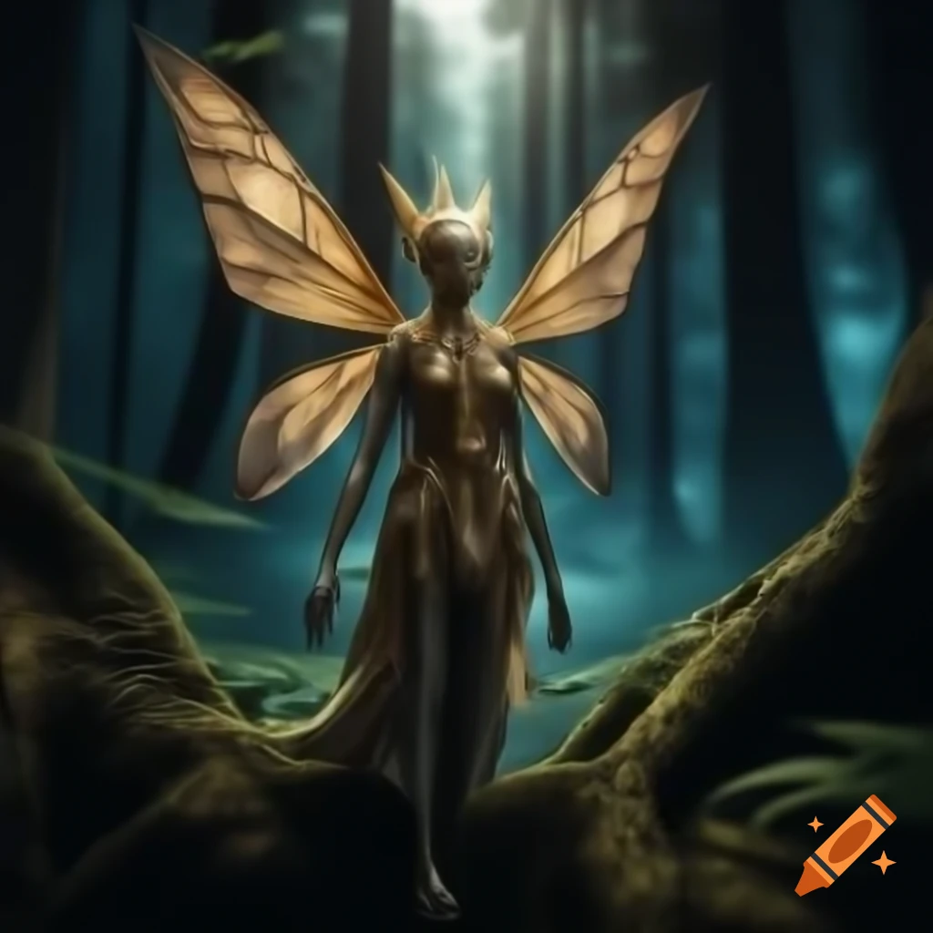 Photorealistic 3D render of a fairy beside a tree in a forest, raytracing