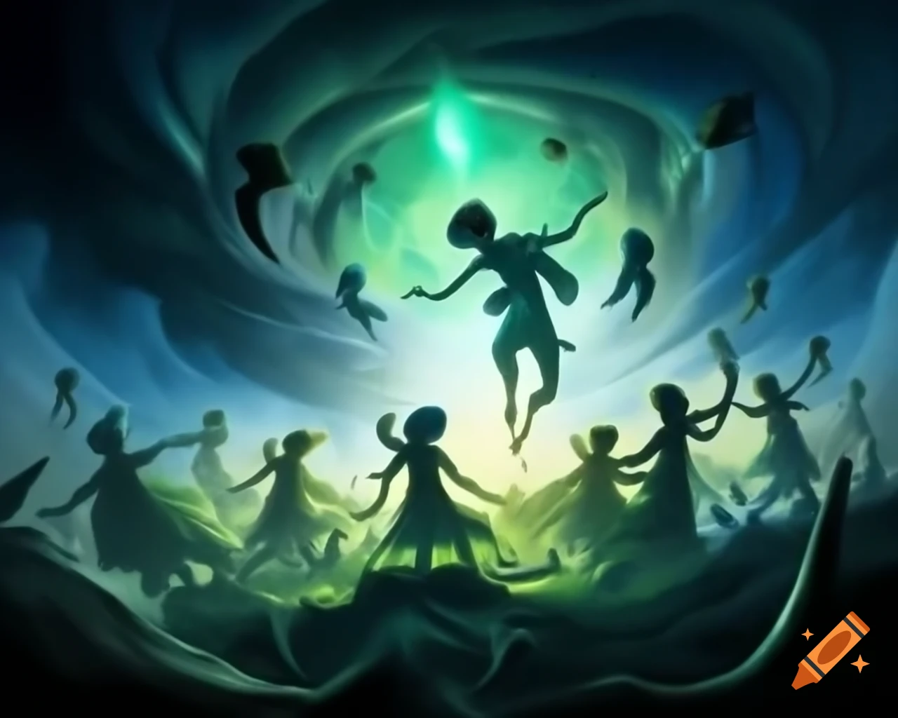Silhouetted dancers amidst mists on alien landscapes under radiant sky