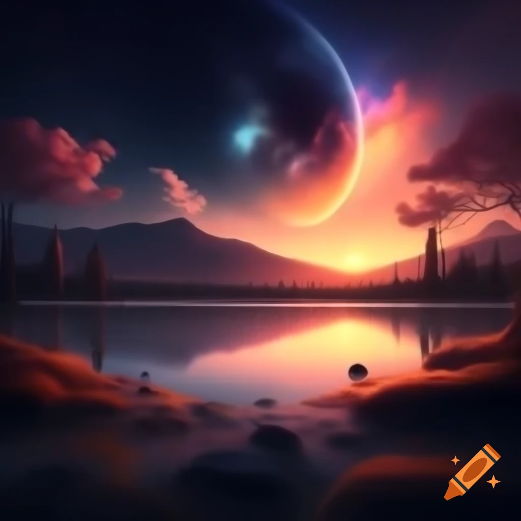 4K anime nature wallpaper of sunset over tranquil lake, inspired by Makoto Shinkai