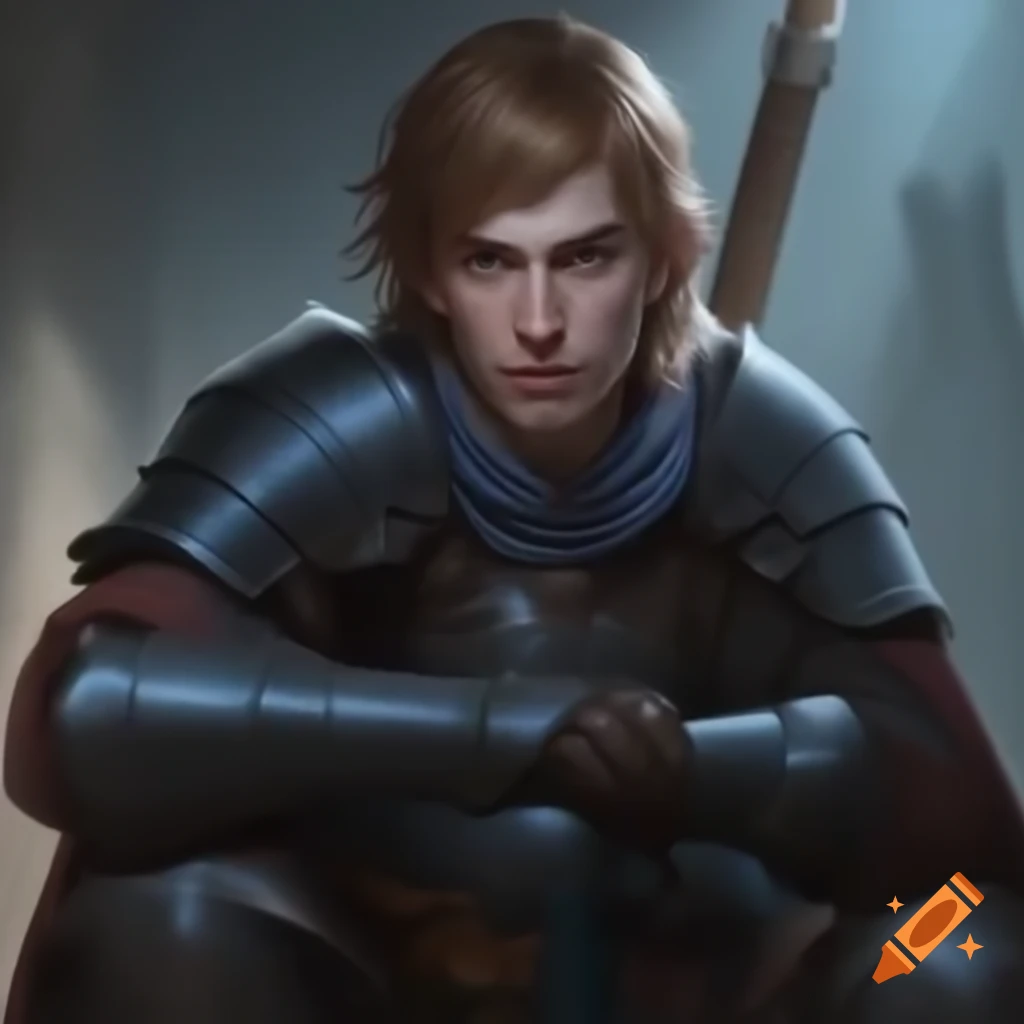 Handsome man in medieval armor kneeling with a hammer