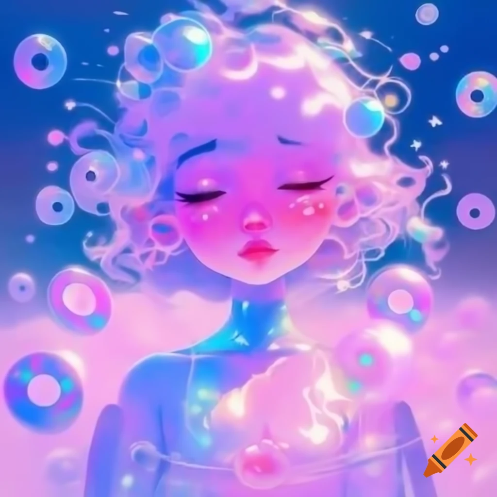 Girl with holographic skin and CD-shaped clothes in vibrant pastel colors, dreamy 90s style