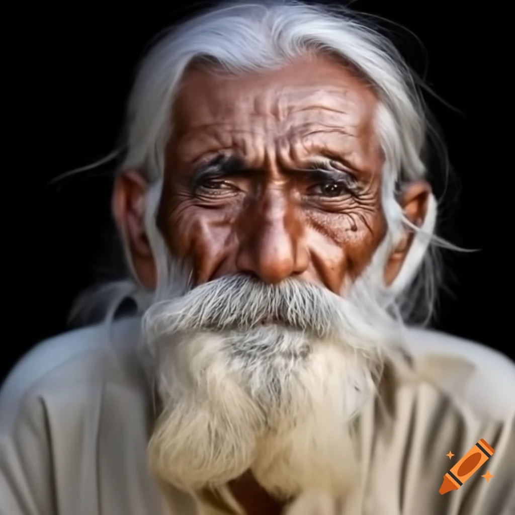 Elderly wise Pakistani man with long white hair and beard
