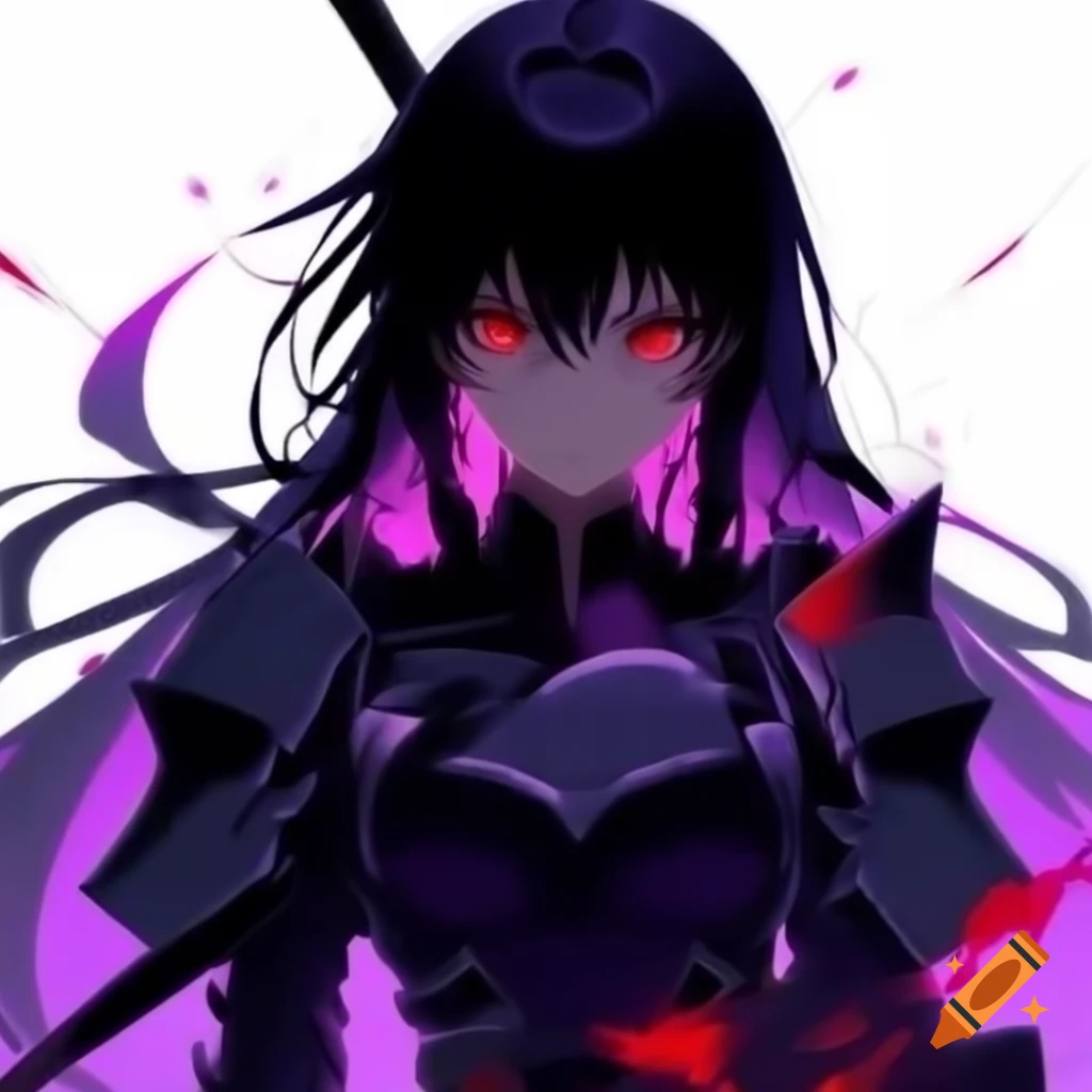 Dark female anime heroine in black armor with purple hair strands and red pupils