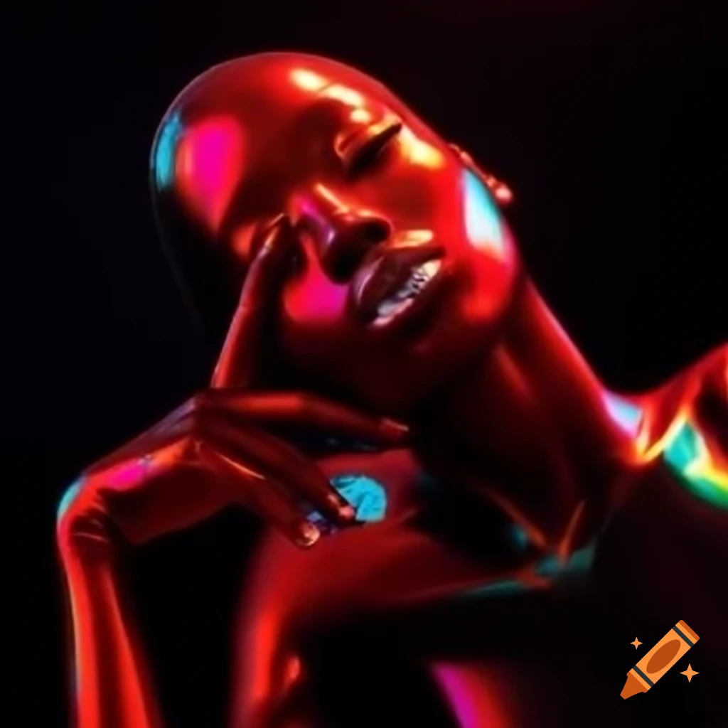 Iridescent red glass statue in pop surreal 2000's photography style