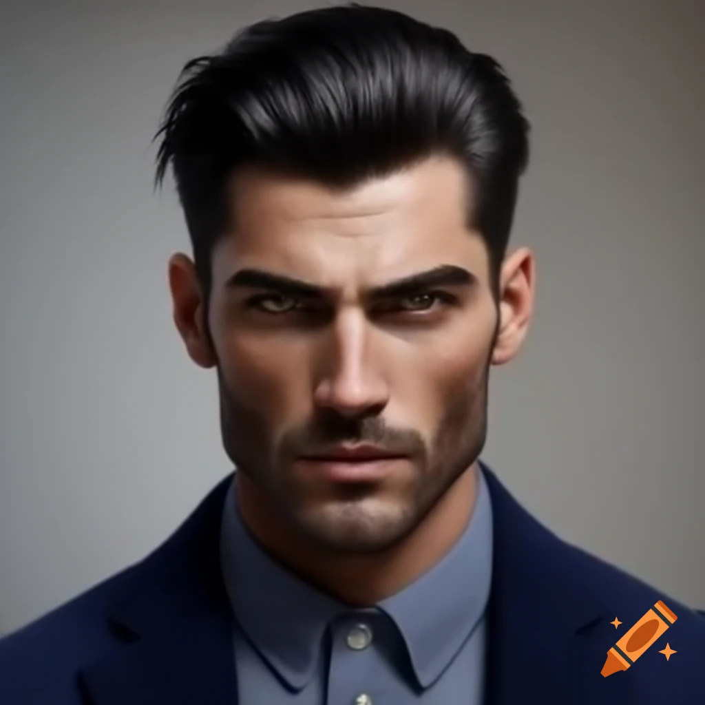 Handsome man with black hair and brown eyes in Polo Ralph Lauren shirt and navy blue blazer