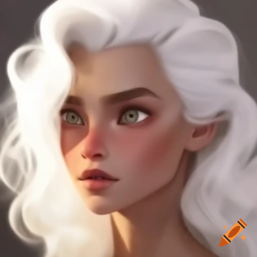 Middle-aged woman with gray eyes and white curled hair, kind expression