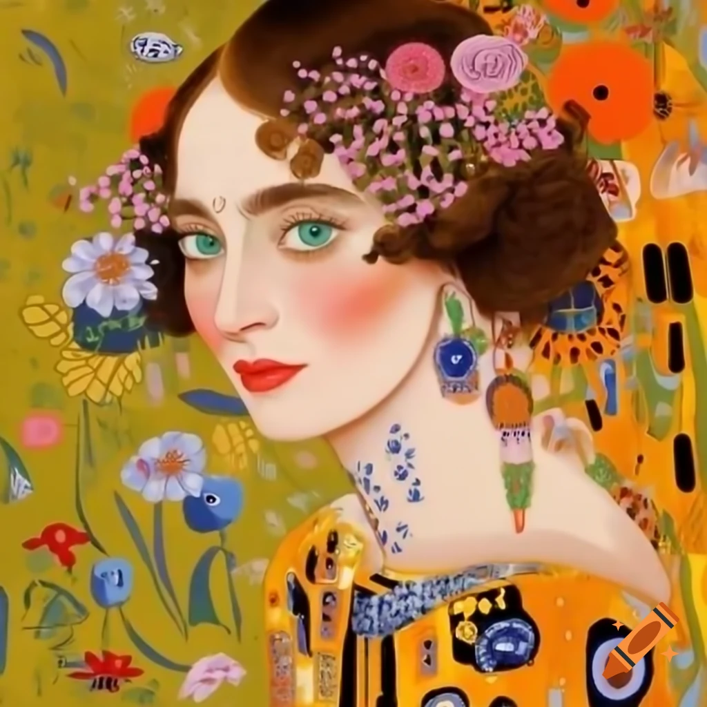 Beautiful middle-aged woman with brown hair and Klimt's flowers, dressed in bright colors, holding a small black cat