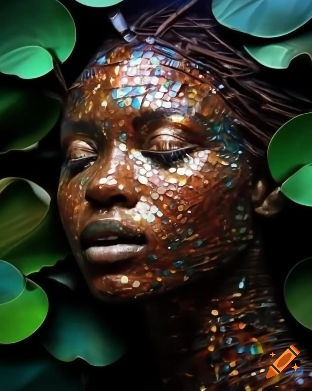 Intricate stained glass mosaic depicting textured glass branches with lush leaves