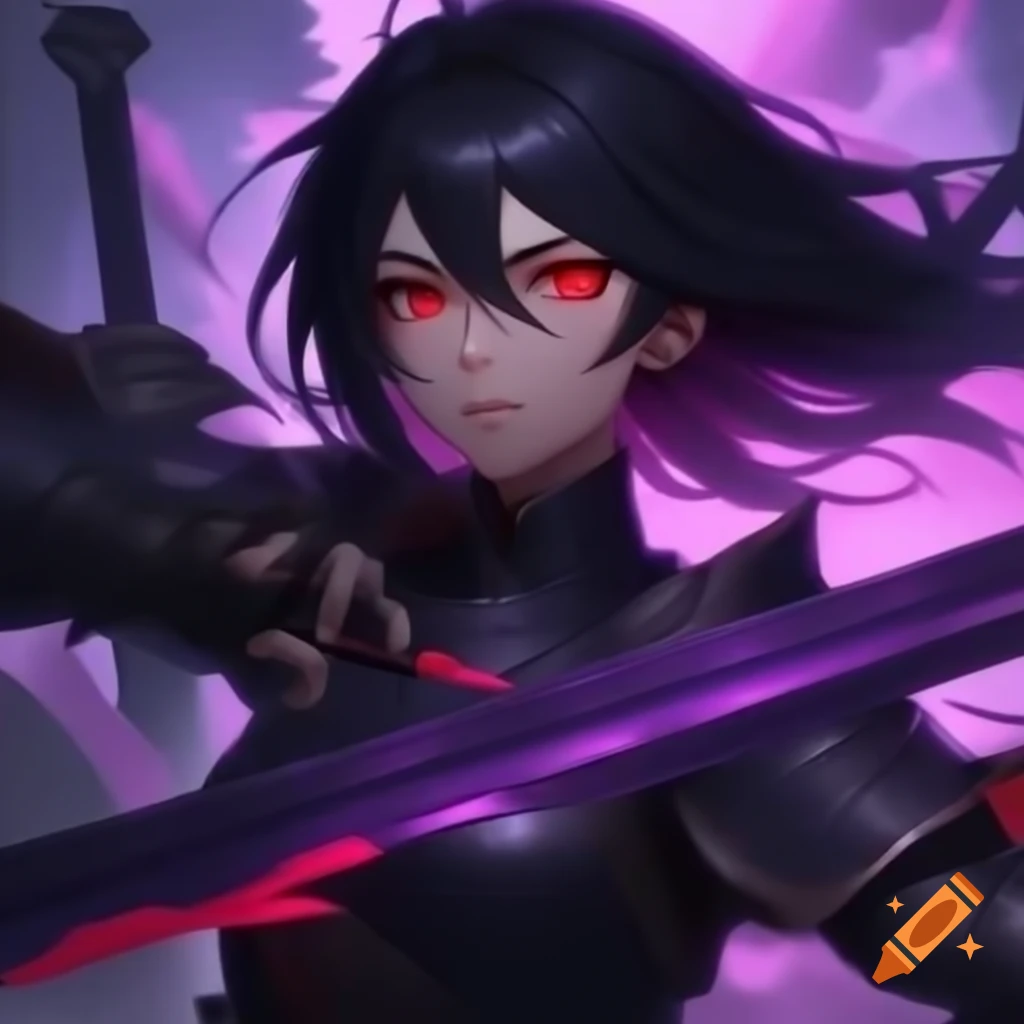 Dark female anime heroine in black armor with purple hair strands and red pupils