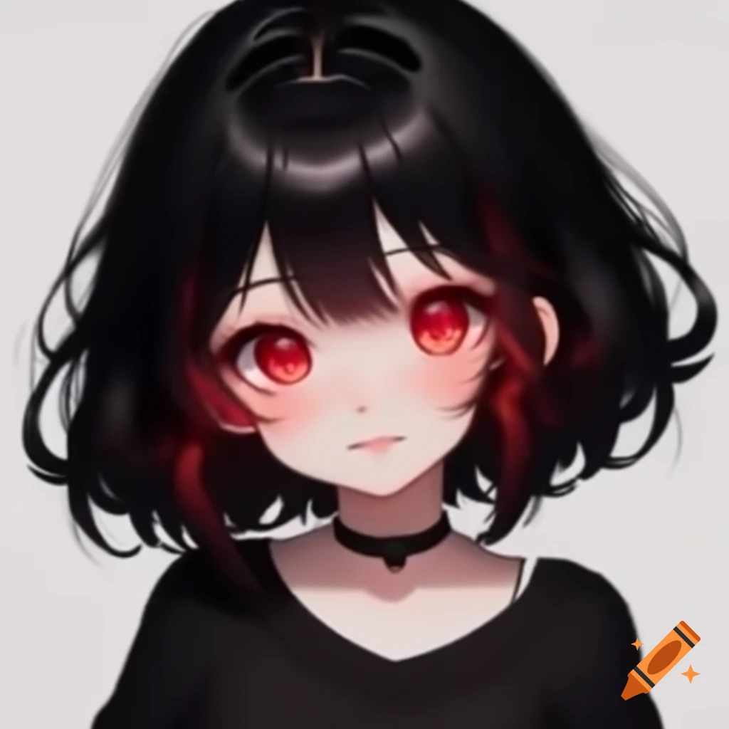 Anime character with red eyes and black fluffy hair wearing a black sweater and white t-shirt