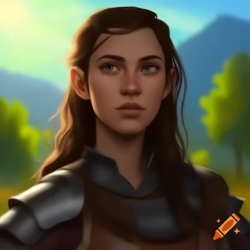 RPG warrior portrait in armor against bright sunny nature background