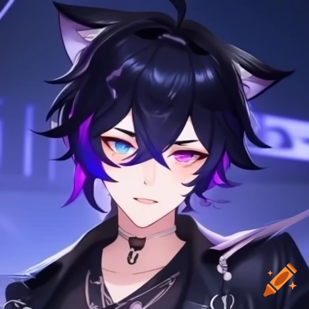 2D male vtuber model with dark hair and neon iris eyes