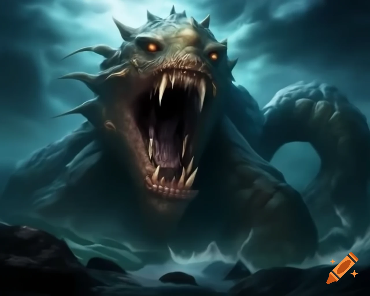 Colossal sea monster emerging from forest at twilight