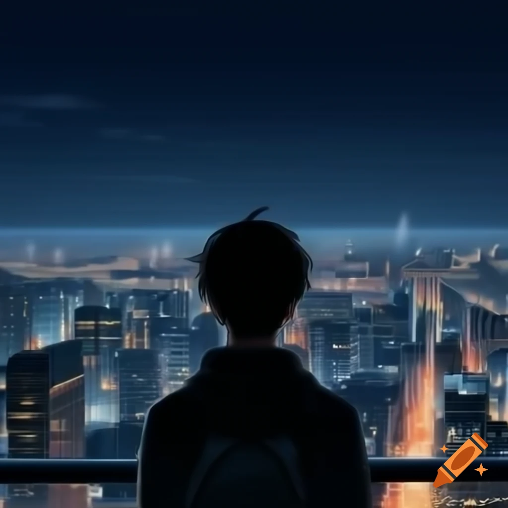 Anime man observing city skyline at night