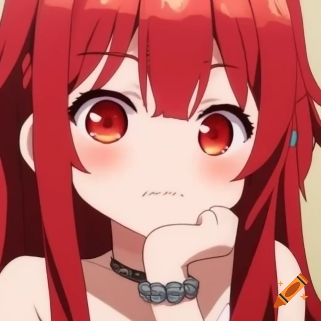 Chibi anime girl with red hair and white tips, red eyes, wearing grey bracelets