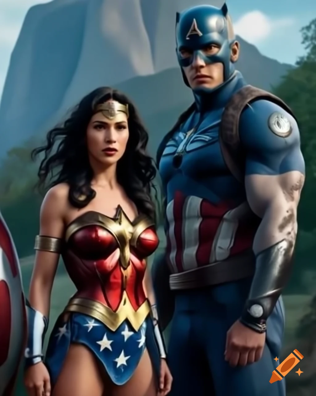 Wonder Woman and Captain America in a heroic pose